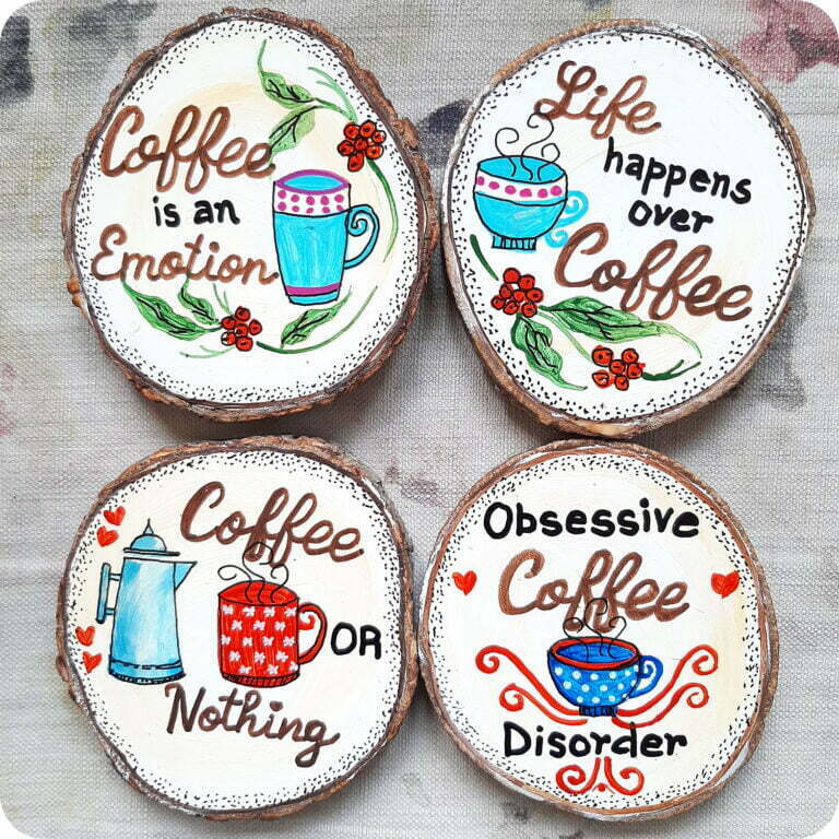 4 Coasters with rhyming Coffee Quotes