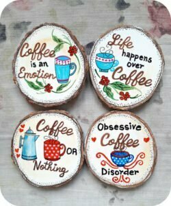 4 Coasters with rhyming Coffee Quotes