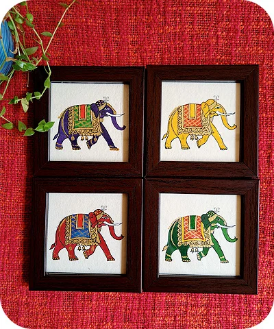 Gaja Coasters | Set Of 4 Coasters | Tea Coasters | Handpainted Coasters